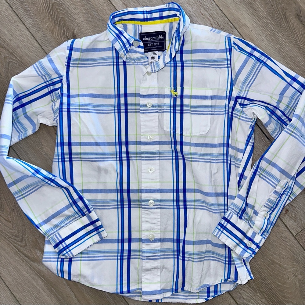 Like New Abercrombie Kids Button Down White, Blue, Lime Plaid Shirt, Medium.